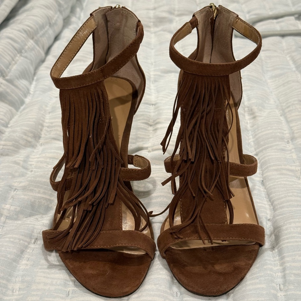 Brown Fringe Suede High Heel Sandals Ann Taylor